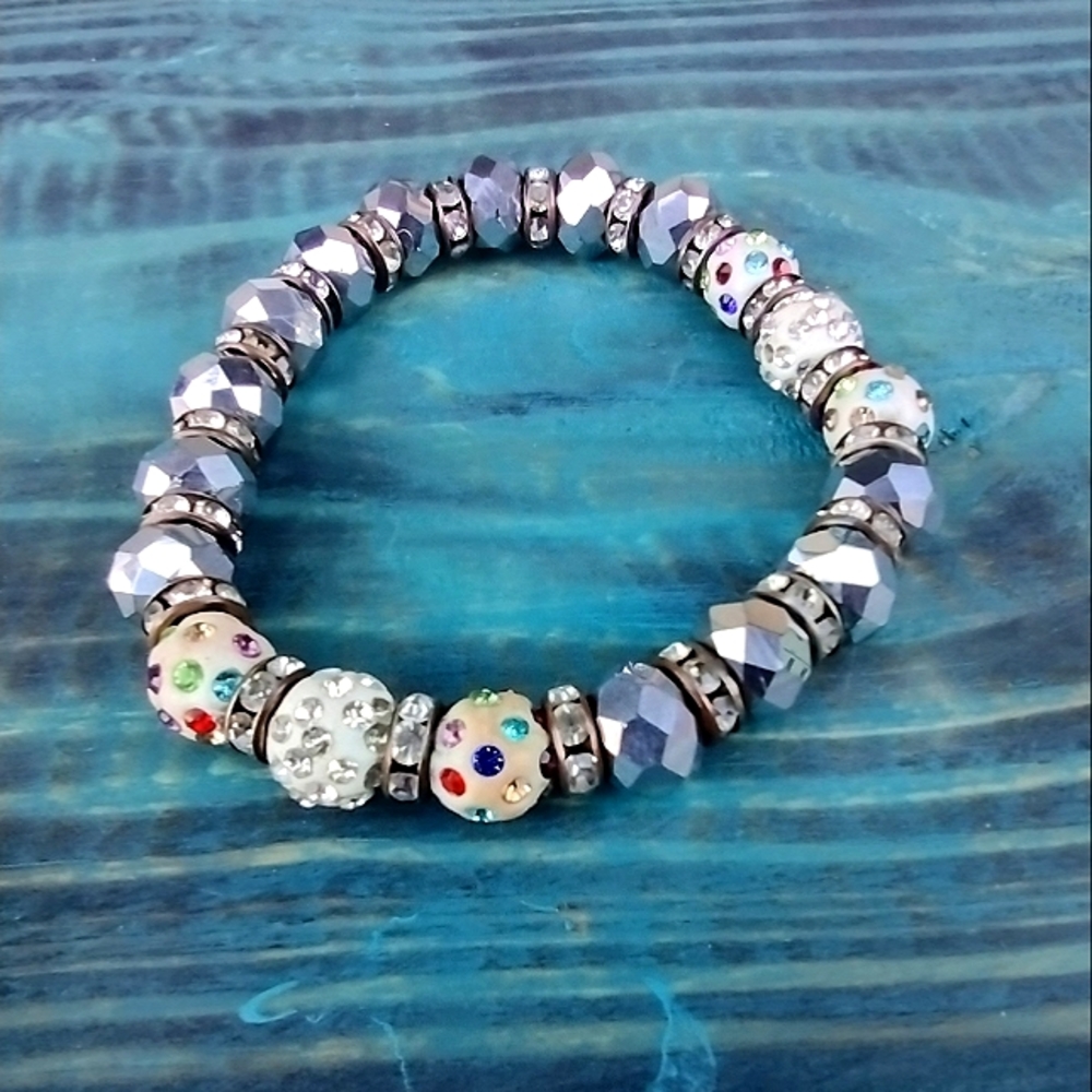 Women's Multicolored Rhinestone Embellished Round Beaded Stretch Bracelet